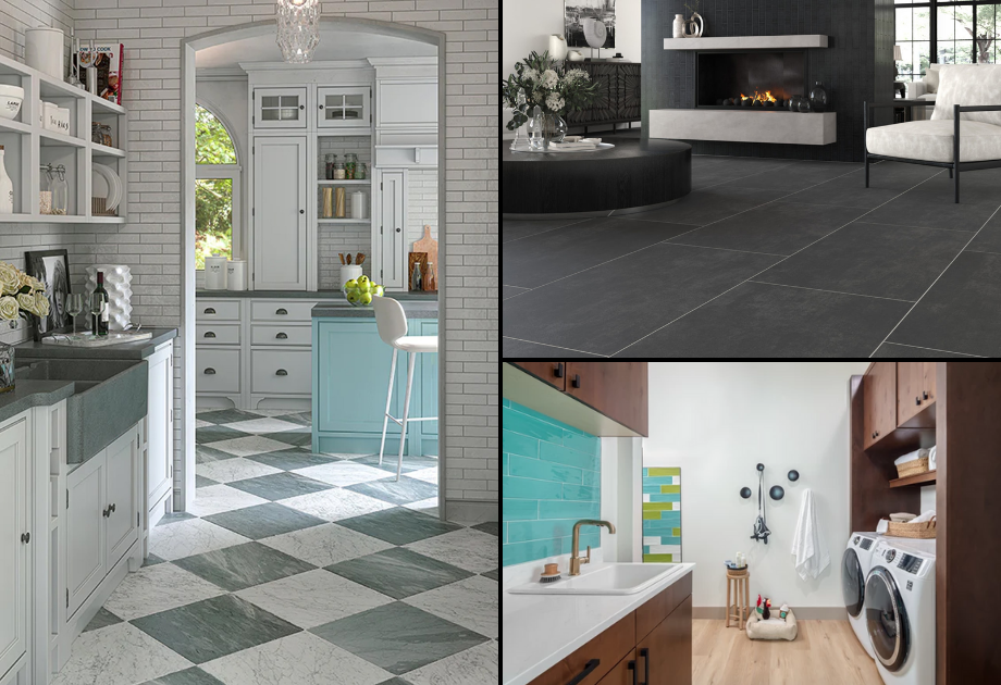 three way split image of different style kitchen floors